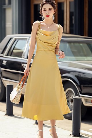 BACKORDER - Rohaida Ruched Ribbon TIe Strap Dress In Yellow