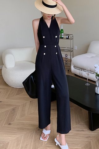 BACKORDER - Rosay B-Neck Double Breasted Jumpsuit In Black