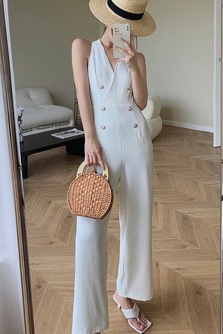 BACKORDER - Rosay B-Neck Double Breasted Jumpsuit In White