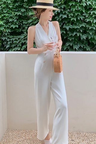 BACKORDER - Rosay B-Neck Double Breasted Jumpsuit In White