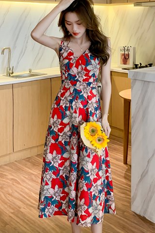 BACKORDER - Hannah Floral Back Criss Cross Dress In Red