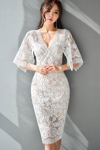 BACKORDER - Emilia Slit Sleeve Lace Overlay Dress In White