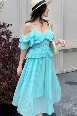 BACKORDER - Jory Cold Shoulder Ruffle Dress In Turquoise Blue