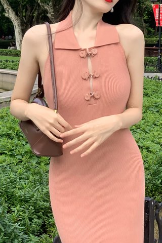 BACKORDER - Justina Cheongsam Knot Button Dress With Outerwear Set In Nude Pink