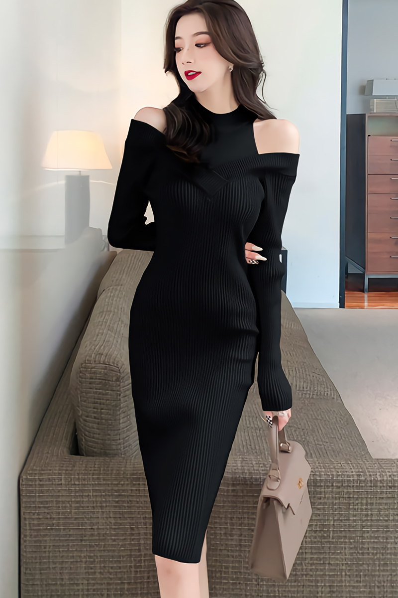 BACKORDER - Riley Cold Shoulder Knit Dress In Black | I.Silhouette