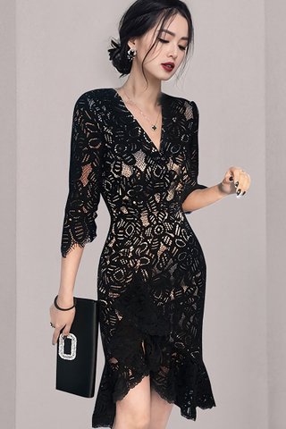 INSTOCK - Hilary Lace Asymmetrical Dress In Black