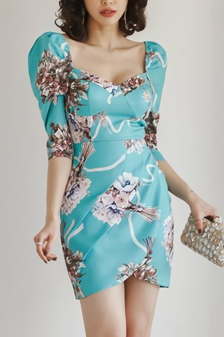 BACKORDER - Maria Floral Asymmetrical Hem Dress In Tiffany Blue