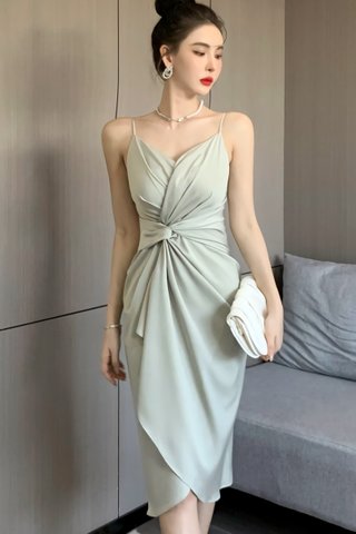 INSTOCK - Elleve Gathered Asymmetrical Hem Dress In Light Olive
