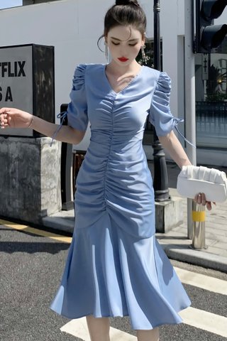 BACKORDER - Melene Ruched Sleeve Dress In Light Blue