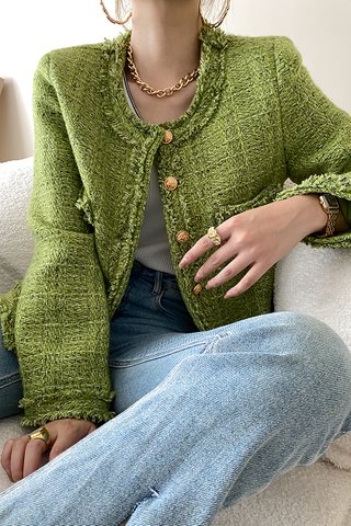 BACKORDER - Kelene Fringe Tweed Outerwear In Green