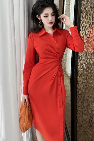 BACKORDER - Andora Ruched Sleeve Dress In Tangerine