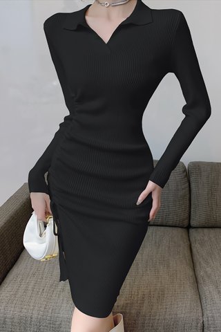 BACKORDER - Bervin Ruched Knit Dress In Black