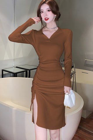 BACKORDER - Bervin Ruched Knit Dress In Brown