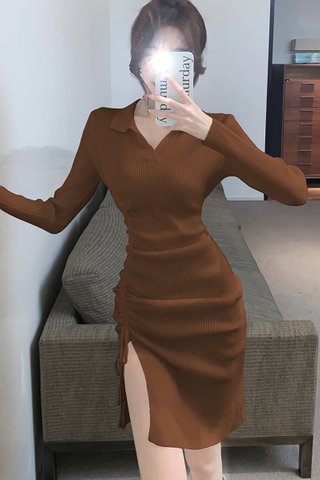BACKORDER - Bervin Ruched Knit Dress In Brown
